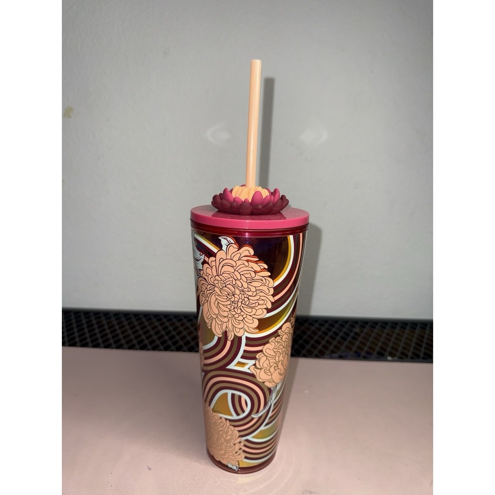 NWT Starbucks 2024 Lotus‎ Flower Cold Cup with Lid and Straw Gold Burgundy Pink